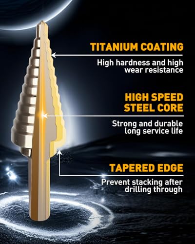 COMOWARE Step Drill Bit Set & Automatic Center Punch- Black and Gold, Double Cutting Blades, High Speed Steel, Short Length Drill Bits Set of 5 pcs, Total 50 Sizes with Aluminum Case - size: Black & Gold 5pcs