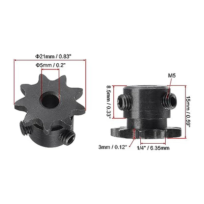 uxcell #25 Chain Roller Sprocket, 5mm Bore 1/4" Pitch 9 Tooth Single Strand Chain Sprocket, C45 Carbon Steel 25 Roller Chain Sprocket with Set Screws for ISO 04C Chain, 2Pcs - size: 21mmx5mm