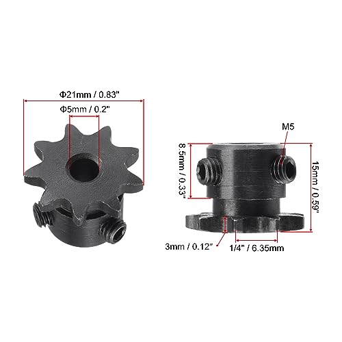 uxcell #25 Chain Roller Sprocket, 5mm Bore 1/4" Pitch 9 Tooth Single Strand Chain Sprocket, C45 Carbon Steel 25 Roller Chain Sprocket with Set Screws for ISO 04C Chain, 2Pcs - size: 21mmx5mm