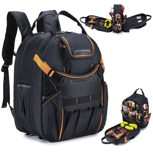 KSIBNW Tool Backpack Heavy Duty for Men, 45-Pockets Organizer Bags with Laptop Compartment,Durable Tool Carrier with Charging Port for Eelectrician Construction Mechanic Work, Black and Orange - color: Orange