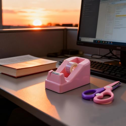 XEUZK Desktop Tape Dispenser Kits with Weighted Nonskid Base Tape Dispenser- Includes 9 Rolls of Transparent Tape(0.71 Inch x 500 inches Each) & Pink Scissors, 2 Pcs Tweezers (Pink) - color: Pink
