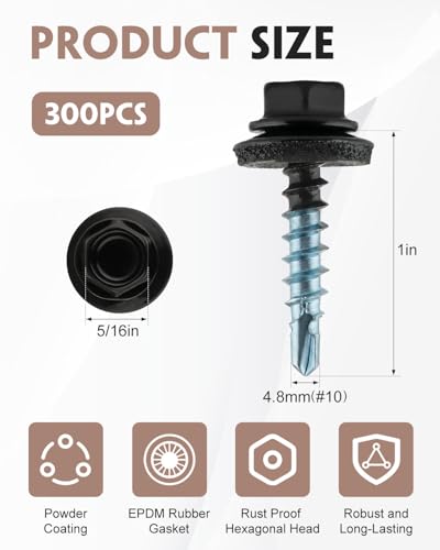 300 Pcs #10 x 1 Black Metal Roofing Screws with Hex Socket for Metal - color: Black