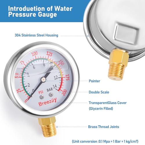Water Test Pressure Gauge,2.5" Dial,0-200PSI/0-1.4MPA,Glycerin Liquid Filled Pressure Gauge,1/4" NPTthread,Lower Mount, for Water Oil Air Pressure Test（Stainless Steel/Color） - size: Gauge | Standalone
