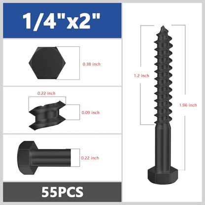 Wensilon Lag Screws Wood Screws,(55PCS, 1/4"x2", Black) Hex Head Lag Bolts,(6x50) Heavy Duty Lag Screws,304 Stainless Steel Bolts 18-8 - color: Black, size: 1/4"x2"