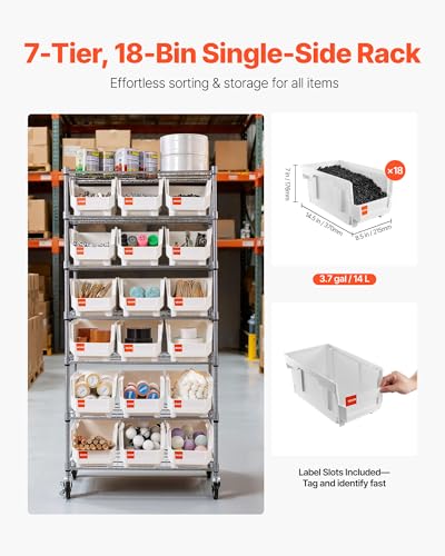 VEVOR 7-Tier Rolling Bin Storage Rack, 18 Organizer Bins, Bin Rack Storage Steel Wire Shelving System with Wheels, Mobile Tool Organizer for Garage, Warehouse, Office, Restaurant, Classroom, Kitchen - size: 7-Tier 18 Bins