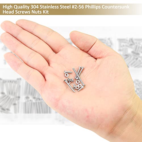 242 Pieces #2-56x 5/32", 3/16", 1/4", 5/16", 3/8", 1/2", 5/8", 3/4", 1", Phillips Countersunk Head Machine Screws Nuts Assortment Kit, 304 Stainless Steel, Fully Machine Thread - size: #2-56