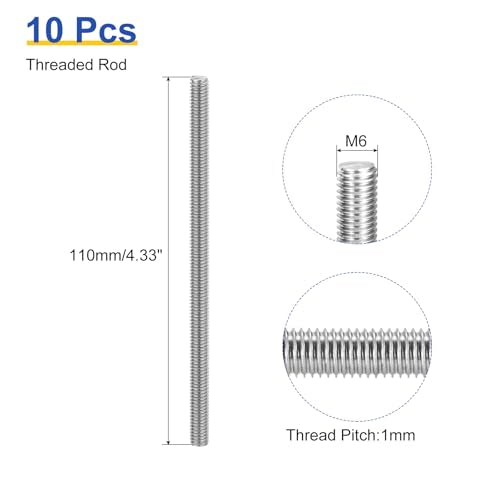 uxcell 10Pcs M6 x 110mm Fully Threaded Rod 304 Stainless Steel Right Hand Threads Bar Studs for Anchors Bolts, Clamps, Hangers and U-Bolts, 1 Thread Pitch - size: M6 x 110mm