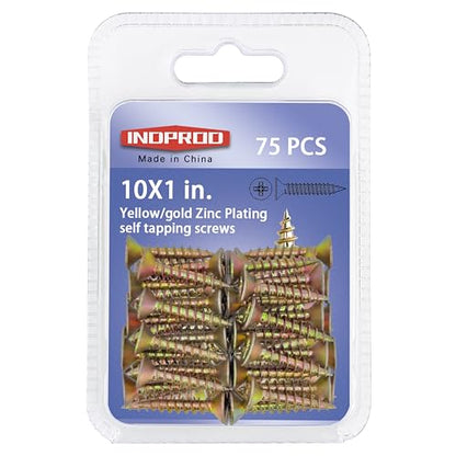 75pcs Flat Head Phillips Wood Screws #10 × 1", Yellow Zinc Plated Carbon Steel Sheet Metal Screws, High Strength Self Tapping Screws for Metal Plastic & Wood, Self Drilling, 10 × 1-Inch - size: #10X1"