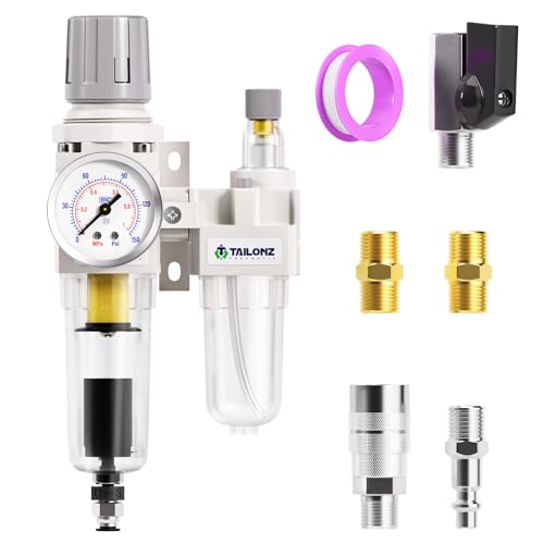 TAILONZ PNEUMATIC 1/4 Inch NPT Air Filter Pressure Regulator Water/Oil Trap Separator Combo(0-145 PSI),Air Tool Compressor Filter with Gauge AC2010-02D(Automatic Drainage） - color: Automatic/2 in 1, size: 1/4"NPT