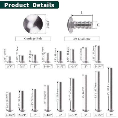 3/8-16 x 4 Carriage Bolts, 304 (18/8) Stainless Steel Carriage Screws, Round Domed Head Square Neck, Grade A2-70, Full Thread, Coarse Thread UNC, 10-Pack - size: 3/8-16 x 4"