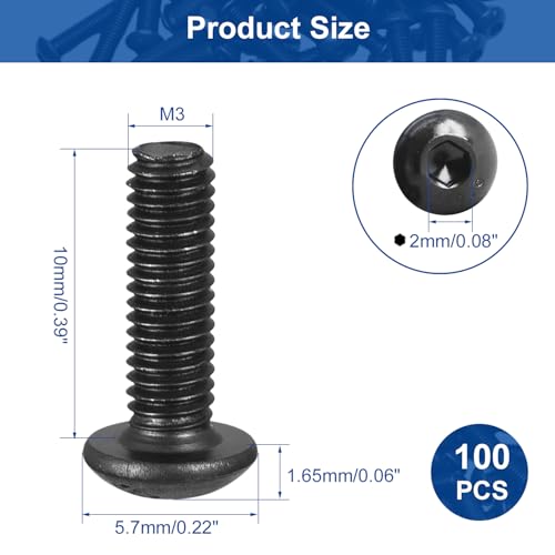 100Pcs M3 x 10mm Button Head Socket Cap Screws, Alloy Steel 10.9 Grade - size: M3 x 10mm