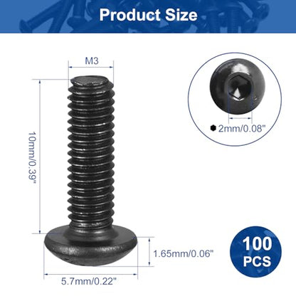 100Pcs M3 x 10mm Button Head Socket Cap Screws, Alloy Steel 10.9 Grade - size: M3 x 10mm