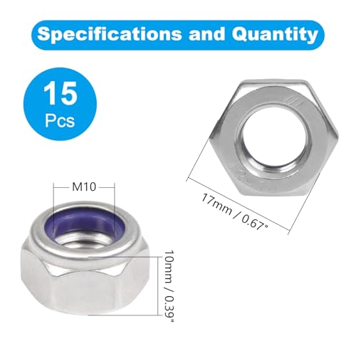 15PCS M10 Locknuts M10x1.5mm Nylon Insert Hex Lock Nuts - size: M10x1.5mm;15 PCS