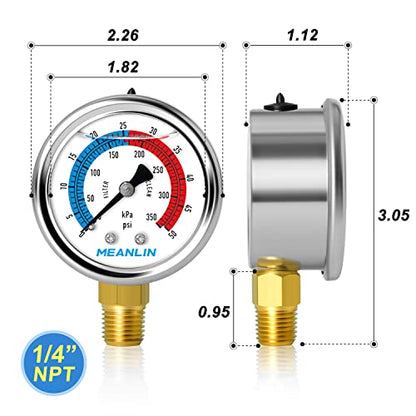MEANLIN MEASURE 1/4" NPT 0-50psi Pressure Gauge, 2" Dial Glycerine Filled Pool Filter, 304 Stainless Steel Housing, Lower Mount, with 1/2" NPT and 3/8" NPT Hex Bushing - size: 0-50Psi/0-350Kpa, style: Lower Mount