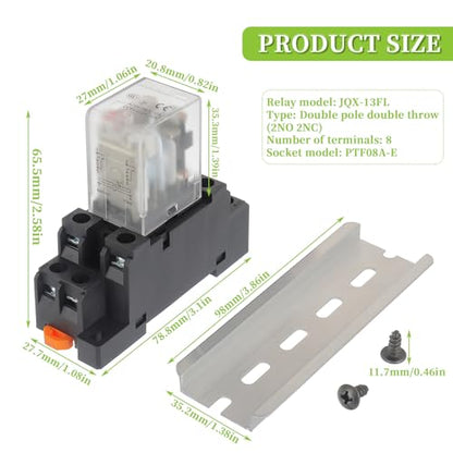 DC 12V Electromagnetic Power Relay JQX-13FL 62PL Coil 8 Pin 10A DPDT LED Indicator with Plug-in Terminal Socket and DIN Slotted Aluminum Rail - size: 8Pin-10A-DC12V