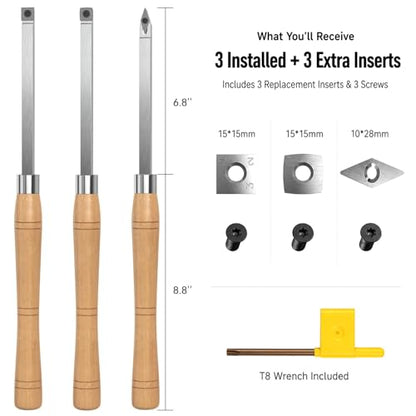 3PCS Carbide Wood Lathe Turning Tools Set, Wood Handle Pen Turning Tools with 3 Extra Replacement Inserts, Rougher Detailer Finisher for Small Bowls, Goblets, Knobs and Woodworking Projects
