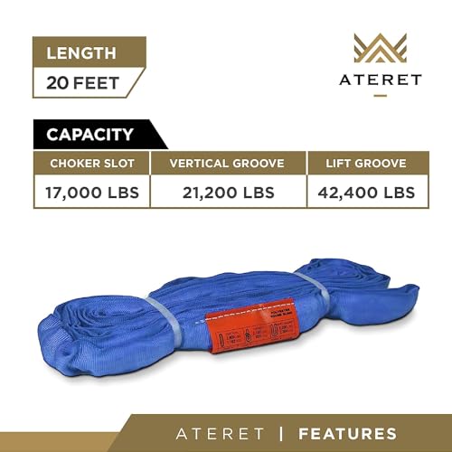 ATERET Powerlift Blue Polyester Endless Round Sling - 20 Feet Length, 21,200 lb. Vertical Capacity, 42,400 lbs Basket - Heavy Duty Poly Lifting Sling - color: 06 Blue - Vertical Capacity 21,200 lbs, size: 20FT