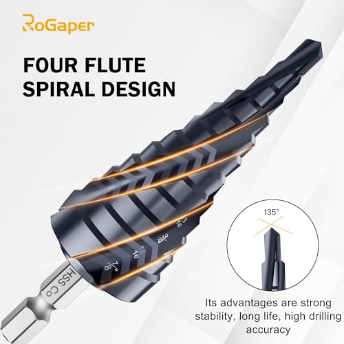 M35 Four Spiral Flute Cobalt Step Drill Bit, 3/16"-7/8" Wear-Resistant TiAlN Coated Four-Flute Step Bit, 1/4" Hex Shank Unibit Step Bit for Metal, Stainless Steel, Aluminum, Wood, Plastic - style: Four Flute-3/16-7/8