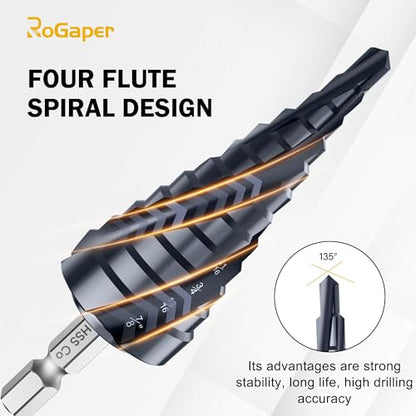M35 Four Spiral Flute Cobalt Step Drill Bit, 3/16"-7/8" Wear-Resistant TiAlN Coated Four-Flute Step Bit, 1/4" Hex Shank Unibit Step Bit for Metal, Stainless Steel, Aluminum, Wood, Plastic - style: Four Flute-3/16-7/8