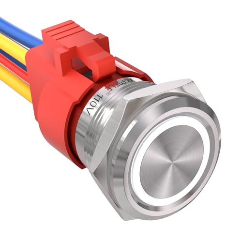 APIELE 22mm Latching Push Button Switch 110V-220V AC 15 Amp DPST Angel Eye LED Waterproof Stainless Steel Round Self-Locking 7/8'' 1NO 1NC 1 Pack (Silver Shell-White, 22MM) - color: Silver Shell-White, size: 22MM