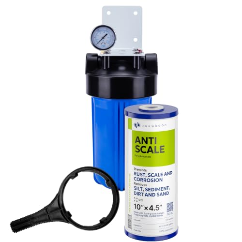 Aquaboon Whole House Water Filter System for Well Water with 10x4.5 Anti-Scale Purification Cartrige | NSF Certified, Pressure Gauges & Releas, Wrench, Bracket 1" NPT - color: 10 Inch, size: Anti-Scale Filter