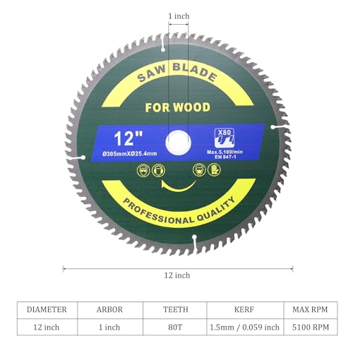 Circular Saw Blade 12"x80 Teeth x 1 Inch Arbor Miter Saw Blades Blue