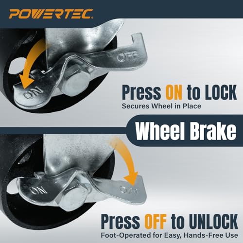 POWERTEC 3 Inch Cast Iron Swivel Caster Wheels Set of 4, Heavy Duty 992 lbs Loads, Plate Casters - 2 with Brake & 2 Without, for Cart, Dolly and Workbenches (17225) - size: 3 Inch, Swivel, Mixed Lock, Cast Iron