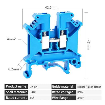 100PCS Red UK5N Terminal Block DIN Rail Terminal Blocks - Application for 24-10AWG 800V Electrical Cabinets Distribution Box,Solar Power System,PLC Industrial Control Automation Panel DIY CNC RV - color: UK5N Blue
