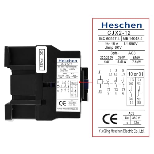 Heschen AC Contactor, 110V 50/60Hz Coil, 12A (AC-3), 3NO+1NC Aux, 3P - color: 110V Coil, size: 12A (1NC Normally Closed)
