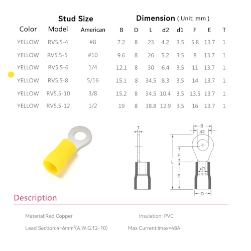HKS 60PCS Insulated Ring Terminal 1/4" Yellow 12-10 AWG - M6 - Tinned Red Copper - Electrical Wire Connector Kit Crimp PVC - color: Yellow, size: 1/4"(M6)