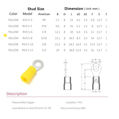 HKS 60PCS Insulated Ring Terminal 1/4" Yellow 12-10 AWG - M6 - Tinned Red Copper - Electrical Wire Connector Kit Crimp PVC - color: Yellow, size: 1/4"(M6)