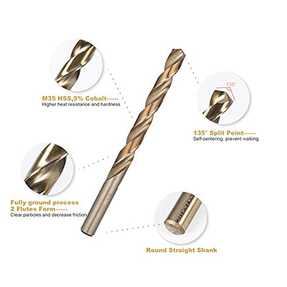 HIDOTOL Cobalt Drill Bit Set 115 PCS - M35 High Speed Steel Twist Jobber Length Drill Bits for Hardened Metal, Stainless Steel, Cast Iron, Plastic and Wood, 1/16"-1/2", A-Z, 1-60 - size: Cobalt 115 PCS