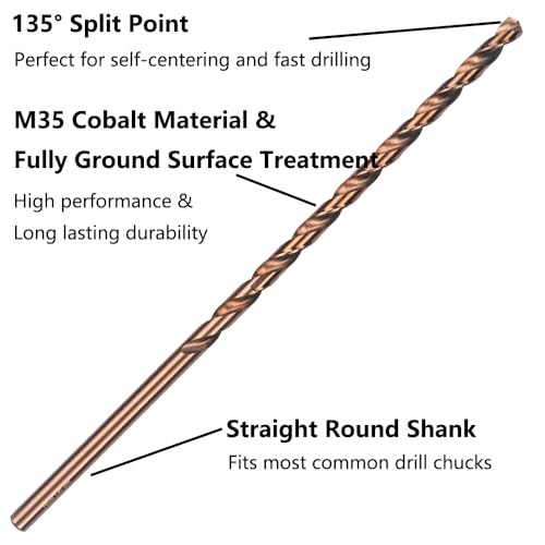 Cobalt Extra Long Drill Bits Set(5PCS), M35 High Speed Steel Extension Drill Bit, 12" Deep Hole Drilling for Stainless Steel, Plastic and Wood - size: 5PCS(1/8"-3/8")