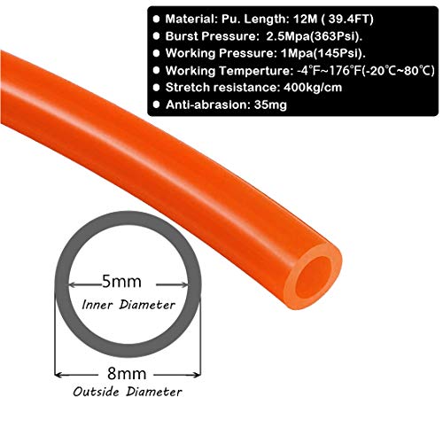 Beduan 8mm x 5mm Orange 39.4ft 12 Meter Pneumatic Tubing Pipe PU Polyurethane Air Compressor Tubing Hose Pipe Line Fluid Transfer - color: Orange, size: 8mmx5mm-12m