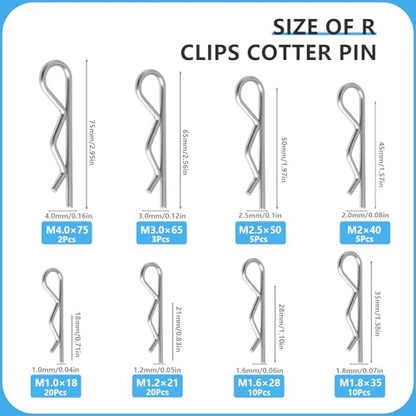16 Sizes Cotter Pin Assortment Kit 304 Stainless Steel Hardware Cotter Pins Set R Clips Split Pins (Pack of 130Pcs) - size: R&Straight