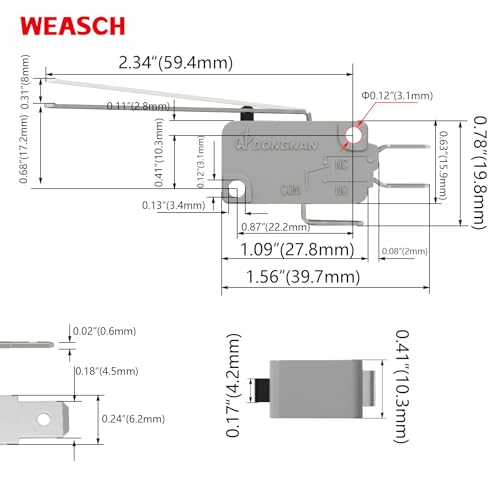 6 Pack Long Straight Lever Micro Switch, 16A 125/250V SPDT - size: V-153-1C25