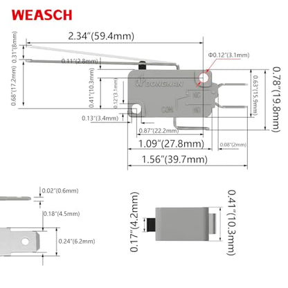 6 Pack Long Straight Lever Micro Switch, 16A 125/250V SPDT - size: V-153-1C25