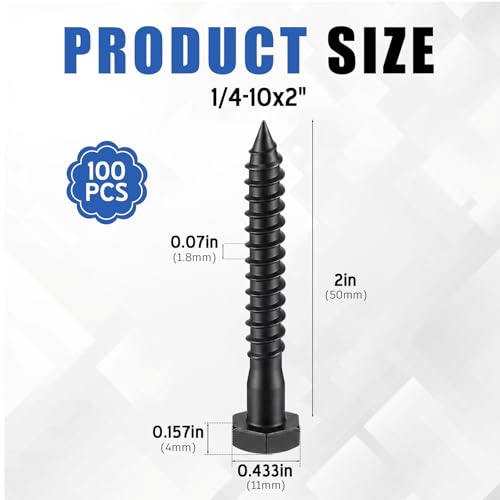 Zonon 100 Pcs 1/4" X 2" 304 Stainless Steel Lag Screw for Wood, Black - color: Black, size: 1/4" X 2"