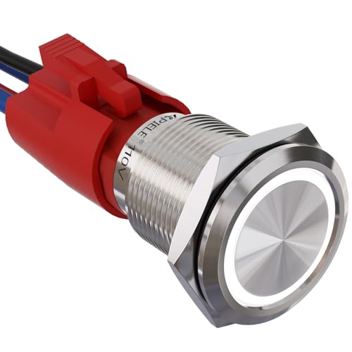 APIELE 19mm Latching Push Button Switch 110V-220V AC 10 Amp SPST LED Waterproof Round Self-Locking 1NO (Silver Stainless Steel, White) - color: Silver Shell-White, size: 19MM