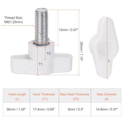 HARFINGTON 10pcs Wing Knobs M8 x 12mm Male Thread Plastic Tee Stud Knobs T Threaded Handles Hand Clamping Tightening Thumb Screws Thumbscrew, White - color: White, size: M8 x 12mm