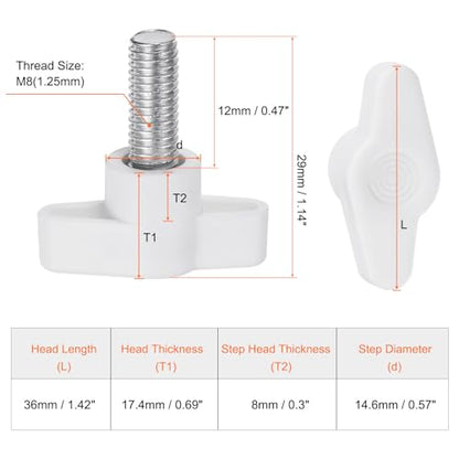 HARFINGTON 10pcs Wing Knobs M8 x 12mm Male Thread Plastic Tee Stud Knobs T Threaded Handles Hand Clamping Tightening Thumb Screws Thumbscrew, White - color: White, size: M8 x 12mm