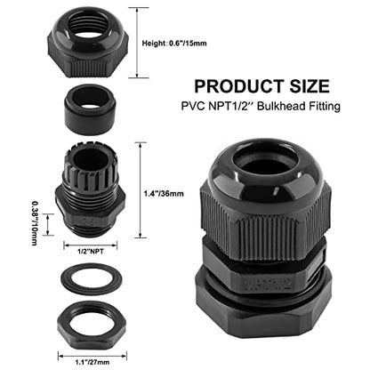 1/2" NPT Cable Glands, 12 Pack, 6-12mm - color: Black, size: 1/2"-12PCS