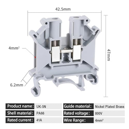 100PCS Gray UK5N Terminal Block DIN Rail Terminal Blocks - Application for 24-10AWG 800V Electrical Cabinets Distribution Box,Solar Power System,PLC Industrial Control Automation Panel DIY CNC RV - color: UK5N Gray Terminal Block