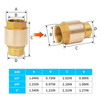 ChillWaves Brass In-Line Spring Check Valve DN15 1/2" Male x 1/2" Female Thread, One-Way Non-return Vertical Check Valve for Backflow Prevention(2-PACK) - size: 1/2" Male x 1/2" Female(DN15)