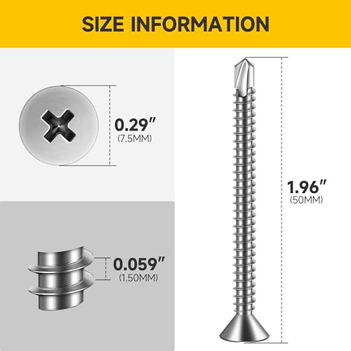 Mywish (150Pcs) #8 x 2 Self Tapping Screws, Flat Phillips Head Sheet Metal Screws, Tek Self Drilling Mouting Screw for Metal Plastic Wood, Fast Tapping, 410 Stainless Steel - size: #8 x 2"