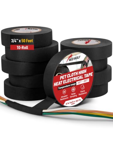 RED WOLF Noise Damping PET Electrical Wire Tape 3/4 Inch x 50 Feet, 10-Roll High Heat Abrasion Resistance Self-Adhesive Felt Cloth Tape Wrap Wiring Loom for Automotive Engines Cable Protection - size: 3/4 inch - 50 Ft (10-Pack)