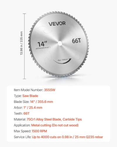 VEVOR Chop Saw Blade 14-in 66 Teeth Cermet-Tipped Metal Cold Cutting Blade - size: 14 in
