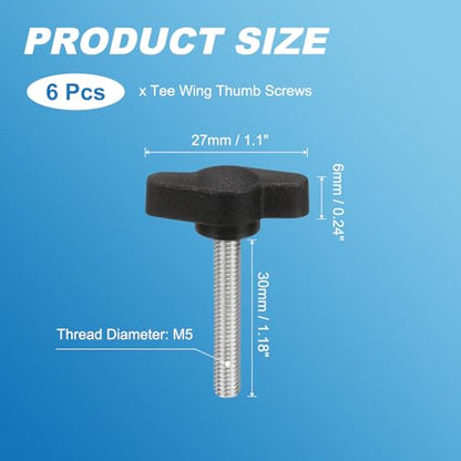 PATIKIL M5 x 30mm Tee Wing Thumb Screws, 6Pcs Carbon Steel Mechanical Handle Bolt Thumb Screws for Remove Replace Hand Clamping Tightening Knobs Power Supply, Black - size: M5 x 30mm