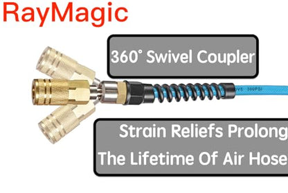 RayMagic Air Compressor Hose 1/4 Inch x 100 Feet Flexible Reinforced Polyurethane (PU) Air Hose 300PSI with Brass Fittings, Strain Reliefs, 1/4" 360 Swivel Coupler and Plug,1PCS Hook For Nailer, Blue - color: Blue