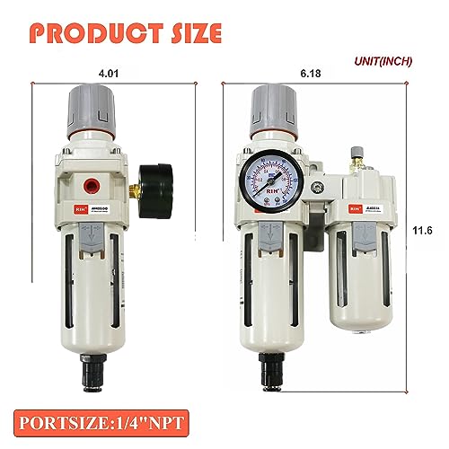 RIH Pneumatics Compressed Air Filter Regulator Lubricator Combo Water/Oil Trap Separator - Gauge(0-150 psi), Semi-Auto Drain, Poly Bowl,Bracket - 3 in 1 Two Unit (1/2“ NPT Auto Drain) - size: 1/2“ NPT Auto Drain